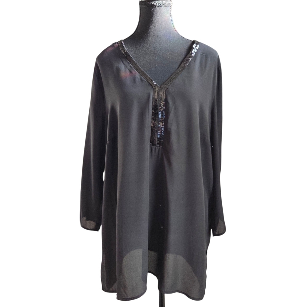 Cleo Black Sheer 3/4 Sleeve Tunic With Sequin Embelishments Size L